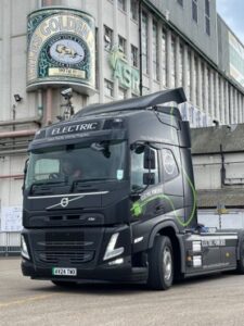 Electric truck parked outside factory 